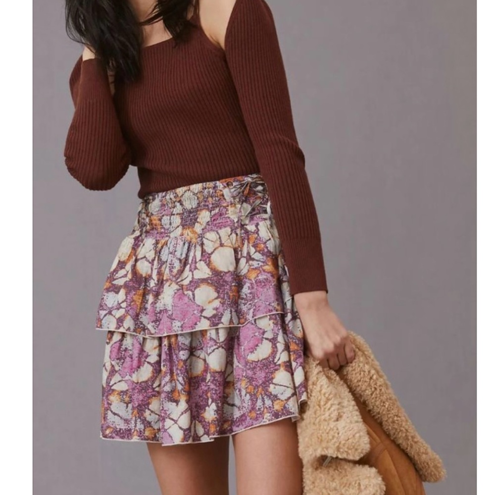 Anthropologie Purple and Cream tiered Mini Skirt Let Me Be brand from Anthro